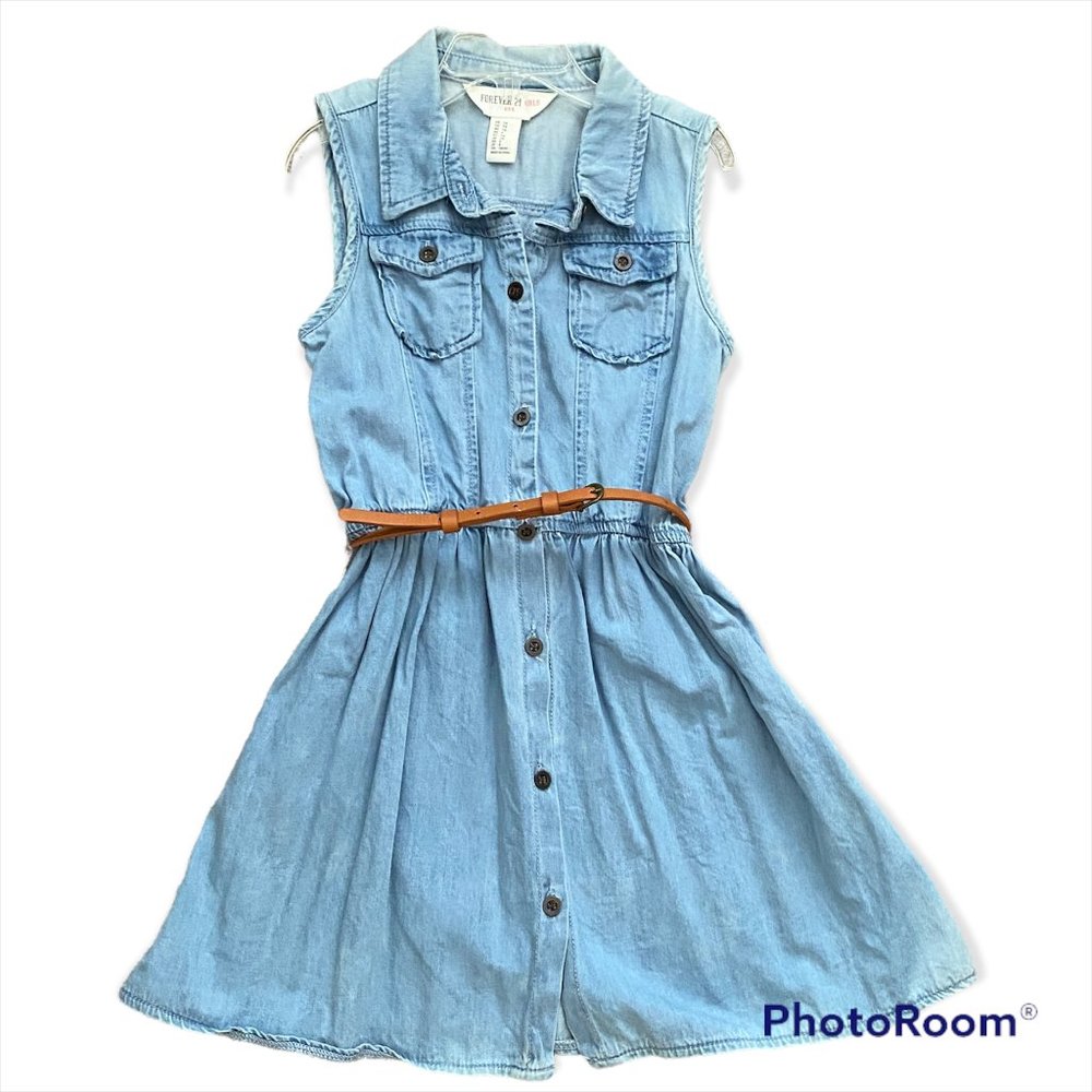 Forever 21 Sleeveless Denim Dress with Faux Leather Belt Size 7/8